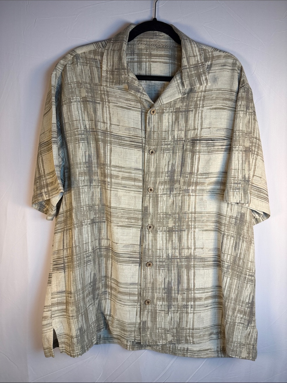 Caribbean Beige and Light Brown Silk Plaid Short-Sleeve Button-Down Shirt
